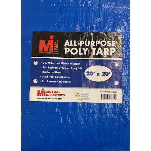 Tarp, 20 ft x 20 ft, 5 Mil, Blue, UV Resistant, Mildew Resistant